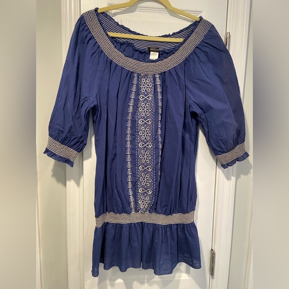Sam & Max Size XL Blue Cream Embroidered Off the Shoulder Boho Peasant Tunic Top